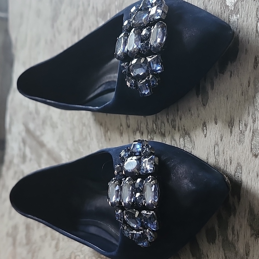 Schutz Navy Blue 100% Leather & Jewel Embellishment Flats Sz38 - Picture 7 of 8